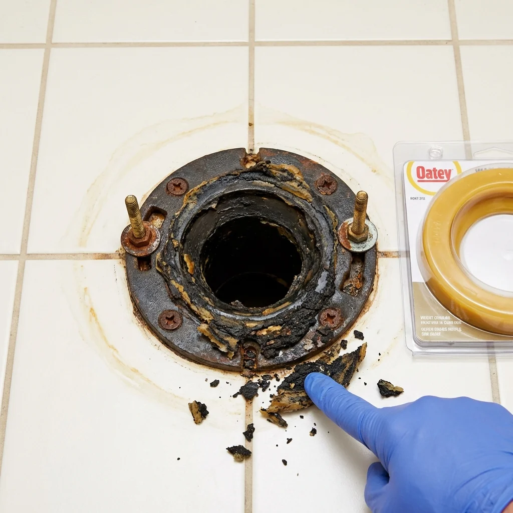 Failed wax ring showing water seepage at the base of a toilet in a Glenwood, IL home