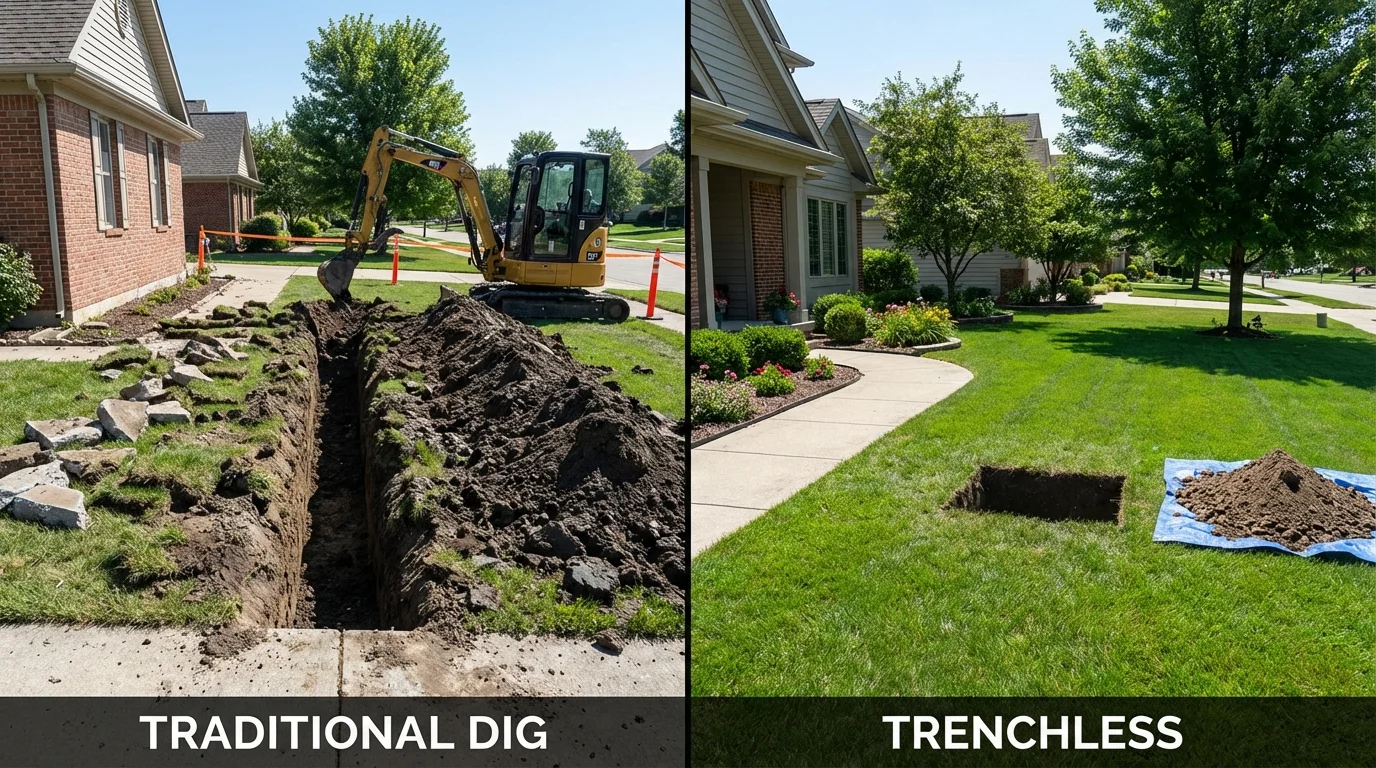 Trenchless sewer repair with minimal yard damage versus traditional excavation in Glenwood, IL