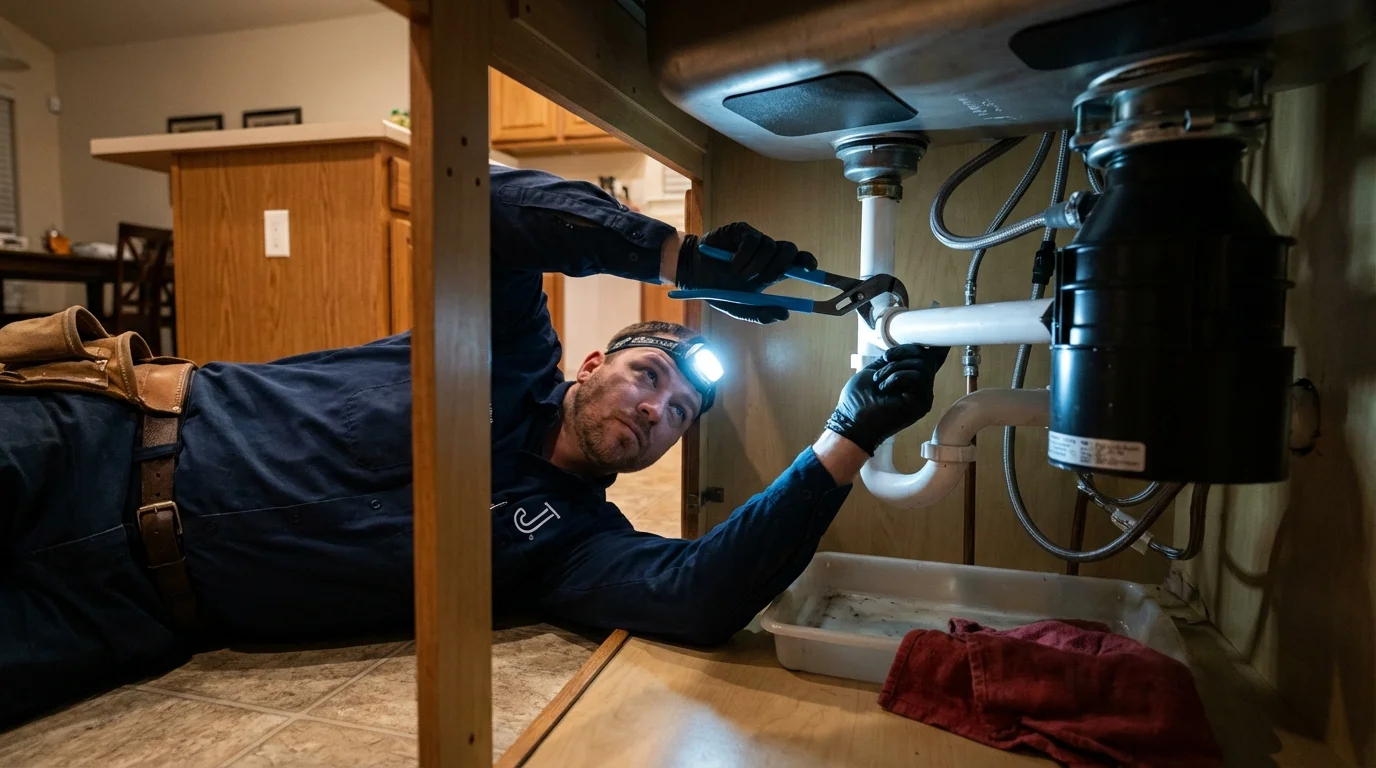 P-trap and supply line connections under a kitchen sink showing a common leak point in Glenwood, IL